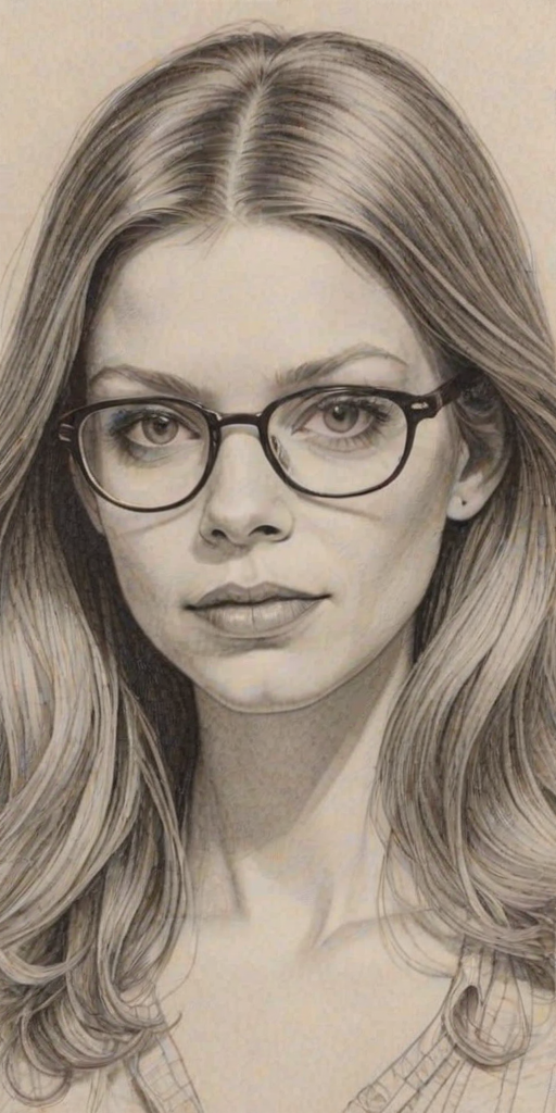 Attractive Amber Benson, pencil sketch, portrait of Bewitching woman 1972s in glasses, hair style beatnik, outline, clear lines, fine lines, 8k