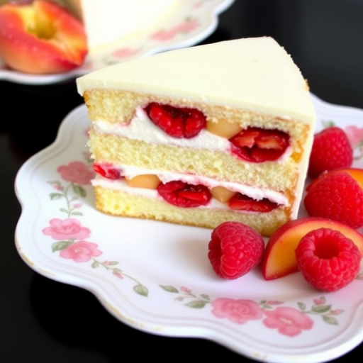 A slice of layered cake with raspberries and peaches on a decorative white plate with a floral design, set on a dark surface, showcasing the creamy texture and colorful fruit filling.