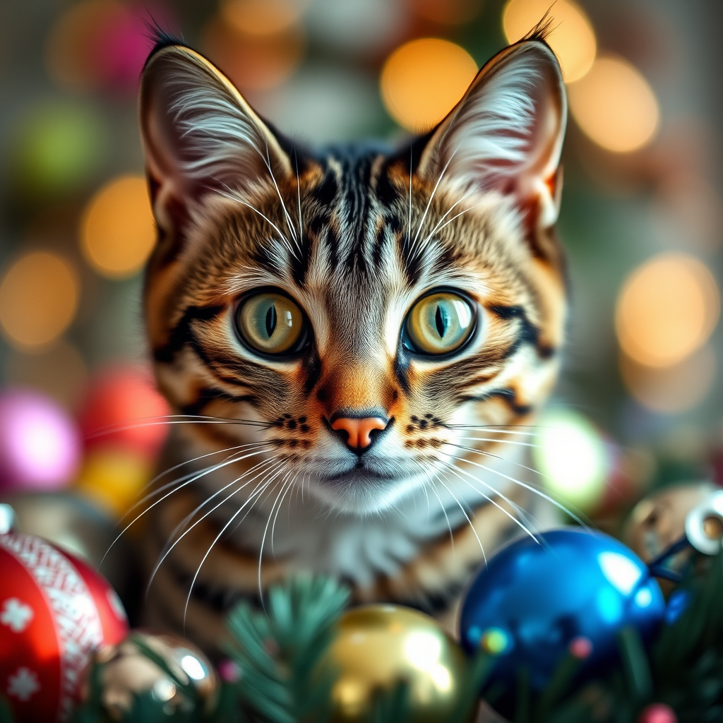 A highly detailed portrait of a striped cat with big expressive eyes, surrounded by colorful Christmas ornaments, soft bokeh background, taken with a DSLR camera at f/1.8, ISO 100, 50mm lens, natural light, shallow depth of field.