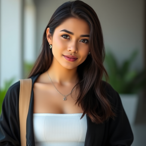 portrait of a young woman with dark hair and a confident expression wearing a white crop top and black jacket, soft natural lighting, shallow depth of field, camera settings: ISO 100, aperture f/2.8, shutter speed 1/200, camera view: eye level, camera style: modern portrait photography, camera type: DSLR