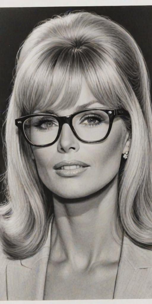 Magnificent Linda Evans, pencil sketch, portrait of Appealing woman 1965s in glasses, hair style beatnik, outline, clear lines, fine lines, 8k