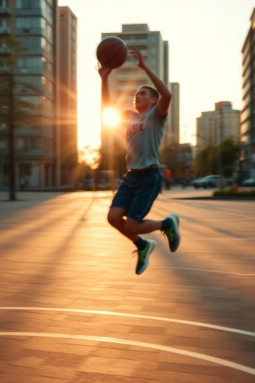 Blurry action shot of a basketball player mid-jump shot in a city playground, with soft golden light from a setting sun casting long shadows on the pavement and nearby buildings.