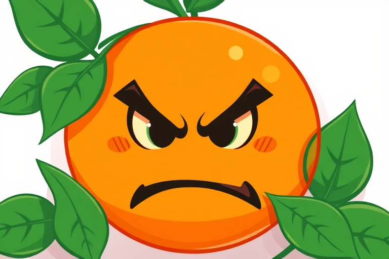 Create a vibrant vector illustration of an angry orange emoji with green leaves on top, using a high-resolution setting of 300 DPI, a close-up view, in flat design style, captured with a digital illustration technique.