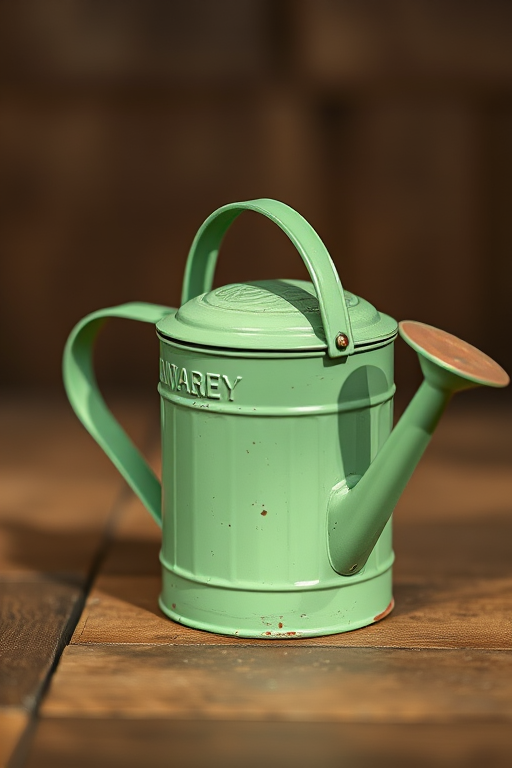 regenerate a vintage green watering can on a wooden surface, soft natural light, shallow depth of field, focal length 50mm, aperture f/2.8, DSLR camera, macro view, high resolution