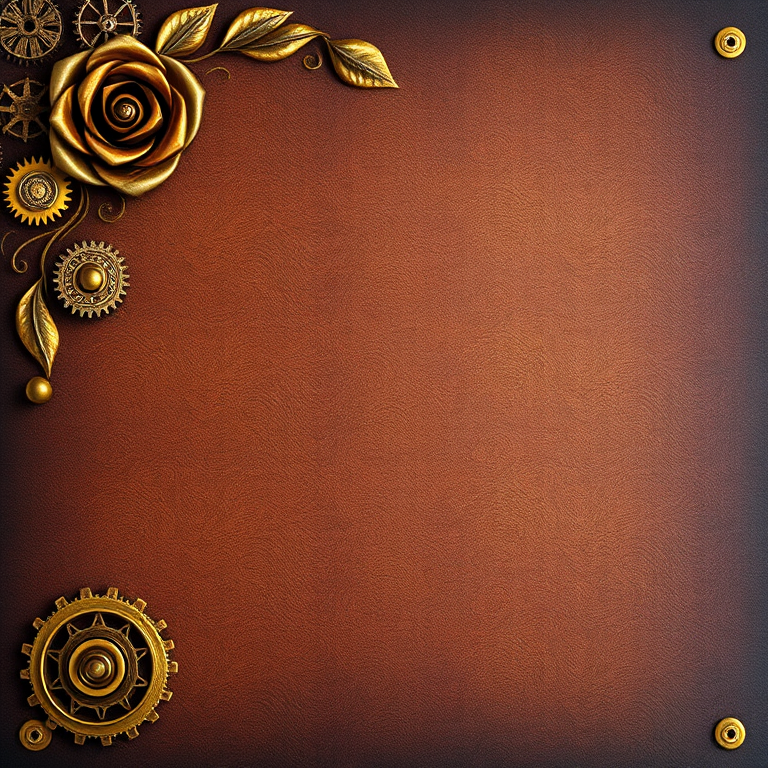 Create a vintage steampunk-themed background with a textured brown surface, featuring ornate golden gears and a rose design in the top left corner, shot with a Canon EOS 5D Mark IV at f/5.6, ISO 100, 1/125 sec, using a wide-angle lens from a top-down view for enhanced detail and depth.