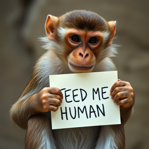 monkey holding a note which says "FEED ME HUMAN"