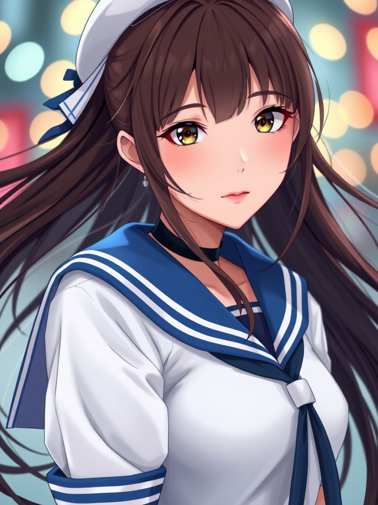 Create a high-resolution portrait of a female character in a sailor outfit with long flowing hair, using a Canon EOS R5 with a 50mm lens at f/1.8, ISO 100, 1/200s shutter speed, shot from a slightly low angle to enhance facial features and background bokeh effect.