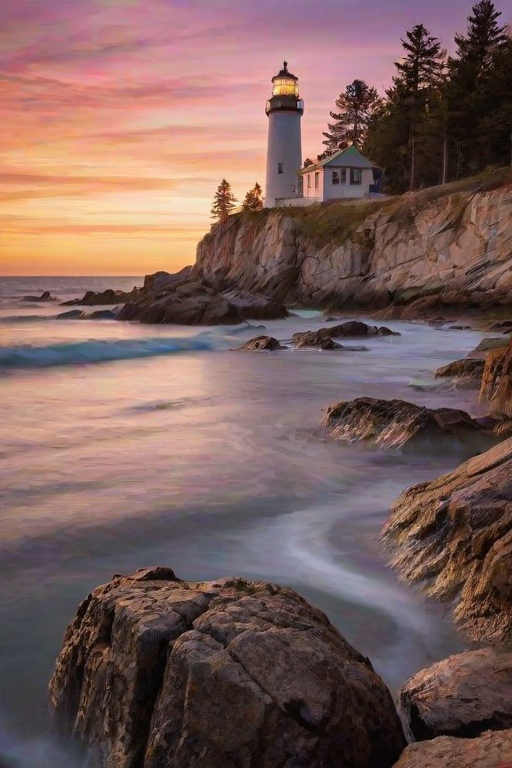 Generate an image of a tall lighthouse perched on a rocky outcrop surrounded by calm ocean waters during a breathtaking sunset. The lighthouse stands sturdy and weathered, its stone surface illuminated by the warm golden light of the setting sun. The sun's rays pass directly through the glass lantern room at the top of the lighthouse, casting a brilliant light across the scene. The sky is painted with vibrant shades of orange, pink, and purple, reflecting off the tranquil sea. The surrounding water shimmers with the same warm hues, creating a serene and majestic atmosphere.