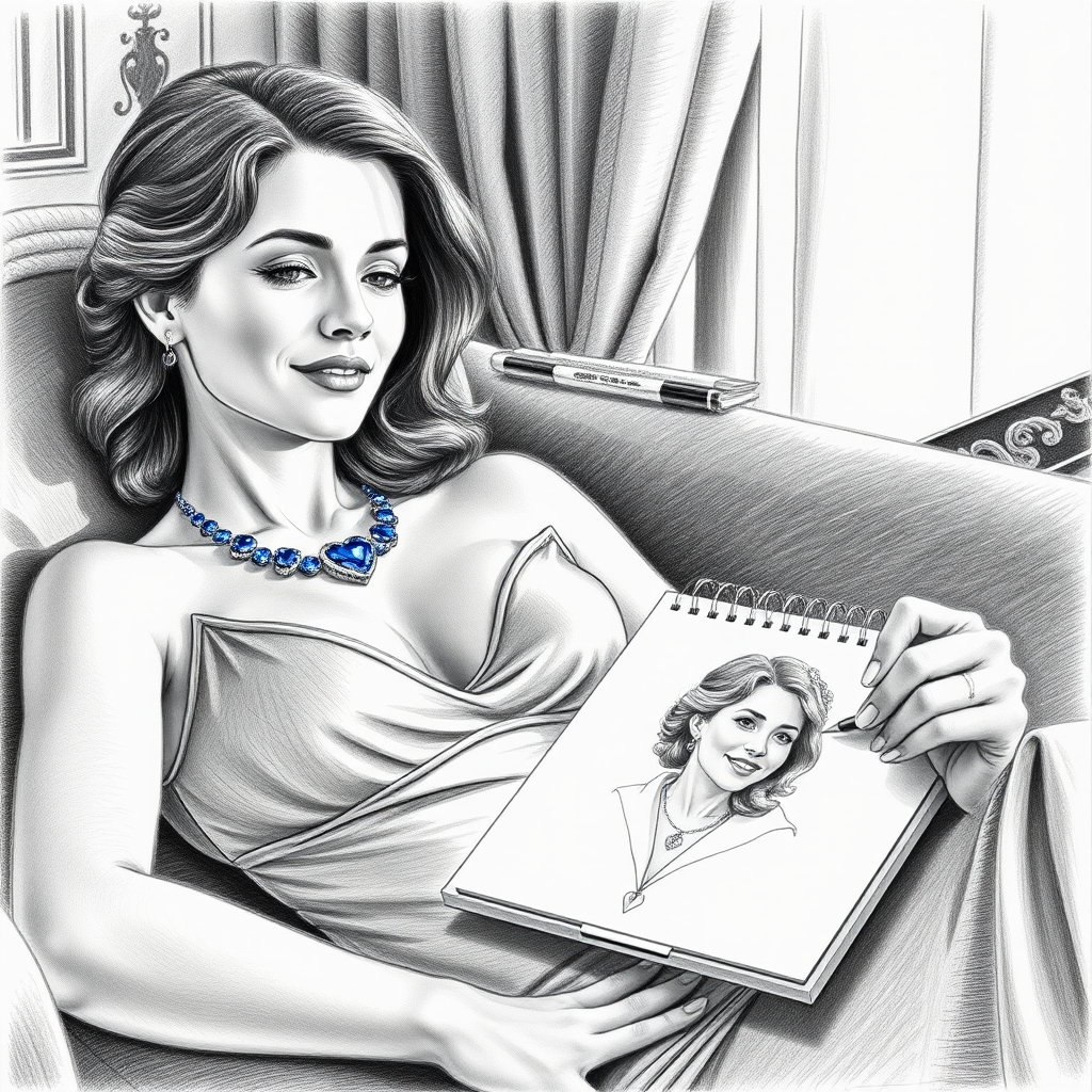 A hyperdetailed photorealistic black and white pencil sketch of the scene from the film Titanic where Jack is sketching Rose's portrait on his art pad as she reclines on the couch, wearing a bright sapphire blue diamond necklace with a heart-shaped diamond. The drawing on his art pad resembles Rose. Both Rose and the drawing of Rose are shown in the same image.