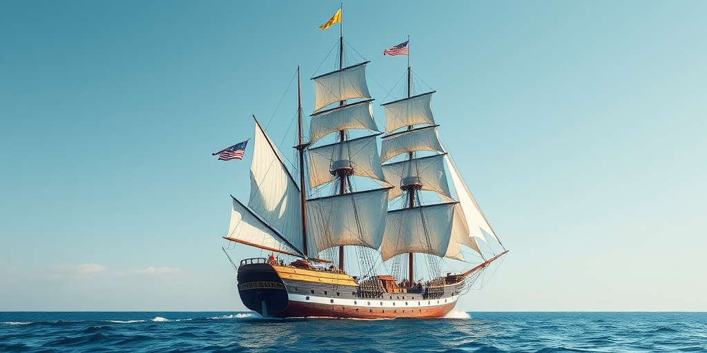 Create a high-resolution digital illustration of a classic sailing ship with three masts and billowing sails, viewed from a slightly elevated angle, using a Canon EOS 5D Mark IV with a 50mm lens, aperture f/2.8, ISO 100, soft natural lighting to enhance the details and colors of the ship.