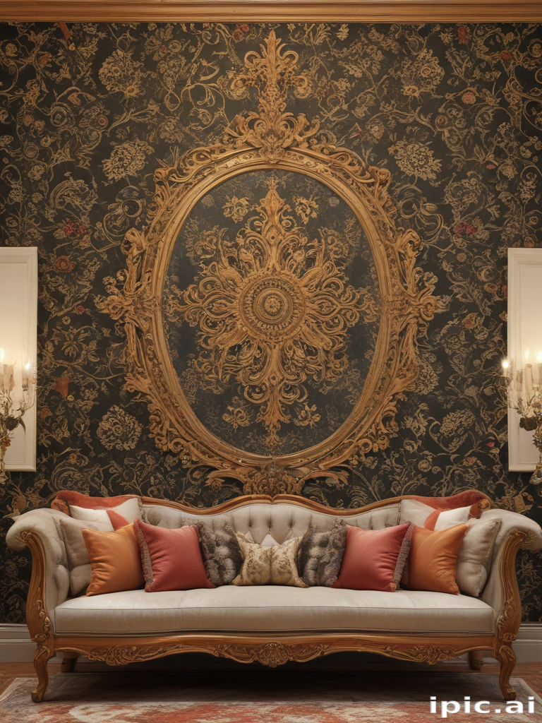 Elegant Living Room Featuring Ornate Wallpaper and Stylish Upholstered Sofa