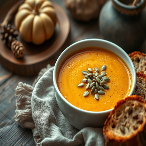 Soup in a white bowl topped with pumpkin seeds, surrounded by rustic wooden decor and bread, captured with a Canon EOS R5, 85mm lens, f/1.8, ISO 100, soft natural light from the side, styled for a cozy, warm atmosphere.