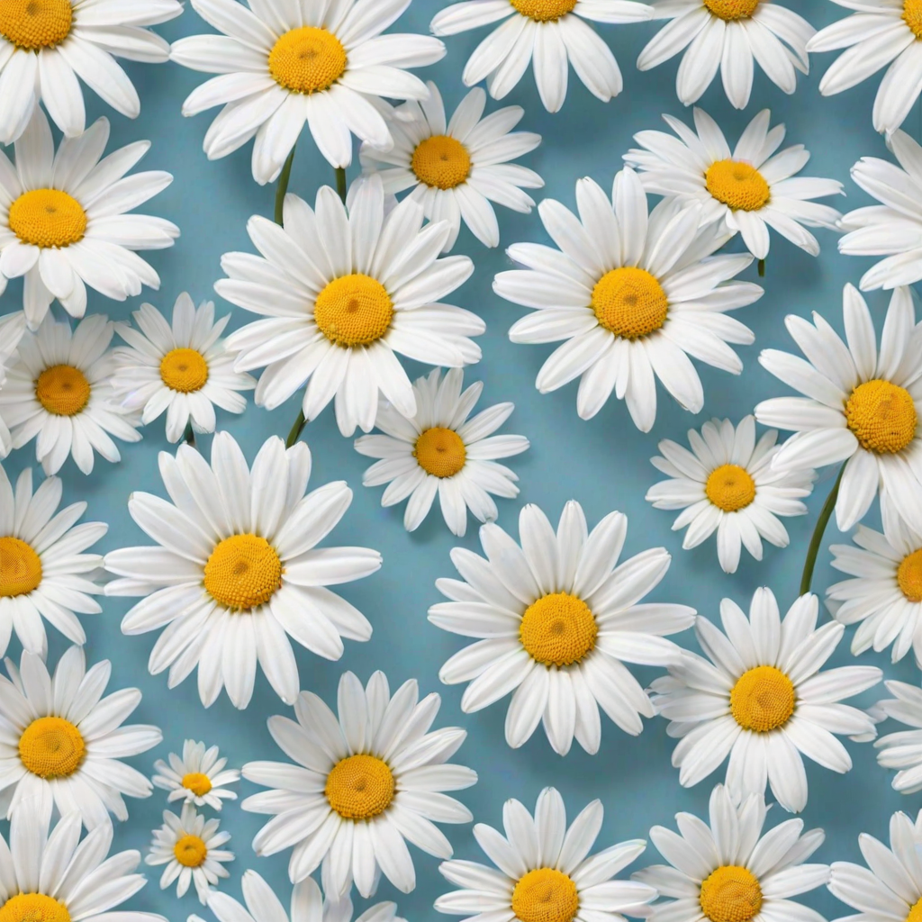 Create a seamless pattern featuring a light blue background filled with white daisies. Each daisy should have a bright yellow center and a simple, clean design. The flowers should be evenly spaced, creating a harmonious and cheerful floral pattern.