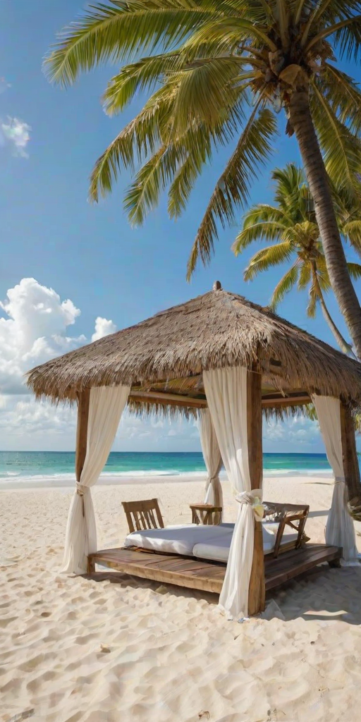 Create a picturesque tropical beach scene featuring a serene, white sandy shore. In the foreground, there's a rustic wooden canopy with white drapes gently flowing in the breeze. Underneath the canopy, a table is set with tropical decor, evoking a sense of relaxation and leisure. The beach extends into a calm, shallow water area with reflections of the sky and surroundings. Palm trees and lush greenery line the edge of the beach, providing a natural, tropical backdrop. The sky is clear with a few scattered clouds, and the overall atmosphere is tranquil and inviting, perfect for a peaceful retreat.