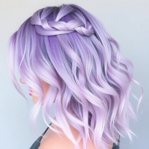 Pastel lavender ombré known as "Twilight Dream" gradually fading into silver tips, styled in loose beachy waves with a crown braid for whimsical charm