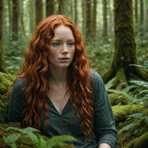 Create an image of a person with long, curly red hair and freckles, sitting peacefully in a lush forest surrounded by green plants and moss-covered trees.