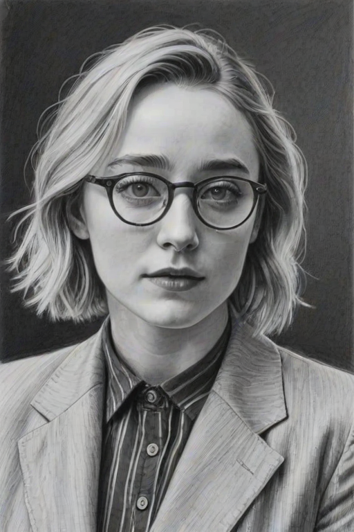 Exquisite Saoirse Ronan, pencil sketch, portrait of Stunning woman 1958s in glasses, hair style beatnik, outline, clear lines, fine lines, 8k