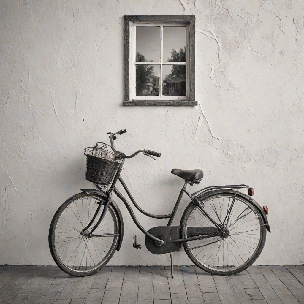 create a black and white image of a vintage bicycle leaning against a textured white wall with a small window beside it