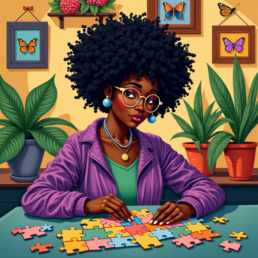 A vibrant and whimsical illustration of an african american woman sitting at a table working on a colorful jigsaw puzzle. she is wearing round glasses, and patterned clothing in shades of purple and green.  The background features an eclectic collection of framed butterflies, potted plants, and other natural elements, creating a warm and inviting atmosphere. The style is playful and modern, with rich textures, intricate details, and a lively color palette.