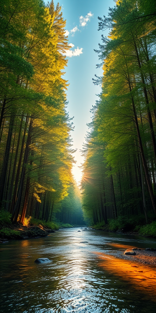 Create an image of a serene, sunlit forest scene with a clear, gently flowing river. Tall trees with lush green foliage line both sides of the river, their leaves bathed in the warm golden light of the setting or rising sun. The sunlight filters through the trees, casting soft, dappled light on the river, which flows over smooth rocks and pebbles, creating a peaceful, natural atmosphere. The sky is bright with a few scattered clouds, and the overall mood is tranquil, evoking a deep sense of connection with nature. The image captures the beauty of a calm, pristine forest landscape at either dawn or dusk.