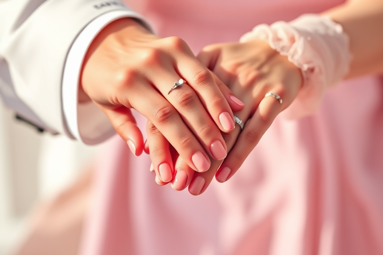 Create a high-resolution digital illustration of two hands exchanging a ring, focusing on elegant hand gestures with detailed nail art, using a Canon EOS R camera with a 50mm lens, aperture f/1.8, ISO 200, and natural soft lighting to enhance the colors and shadows.