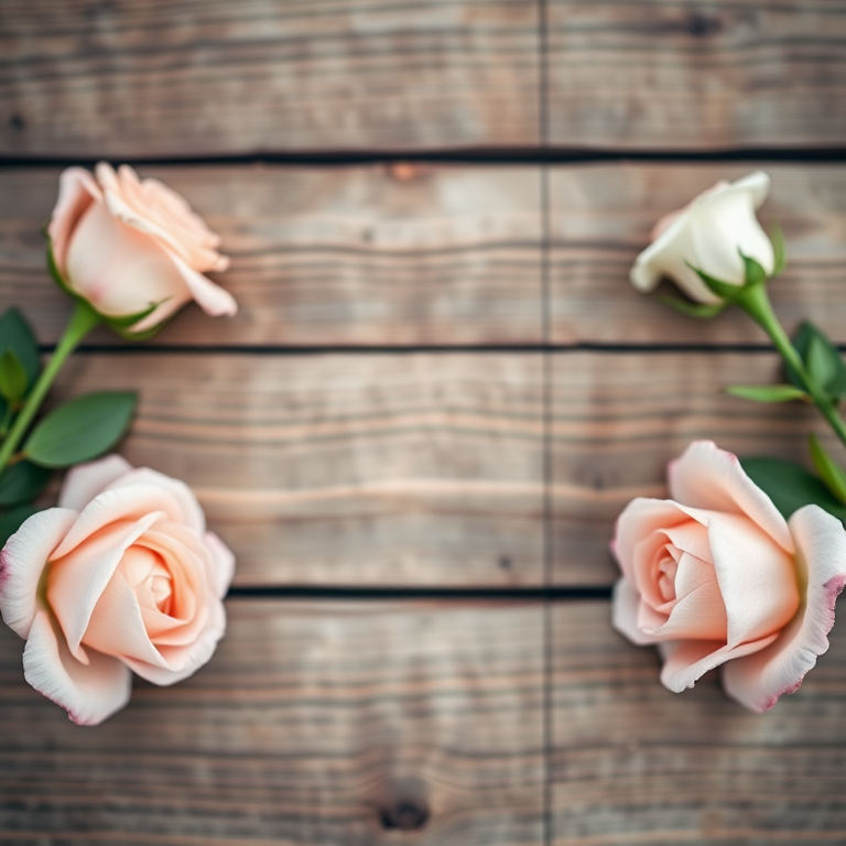 Create a high-resolution image of a wooden background with soft pastel roses on each side, captured with a DSLR camera at f/2.8 aperture, ISO 100, 24mm focal length, using a shallow depth of field for a blurred background effect.