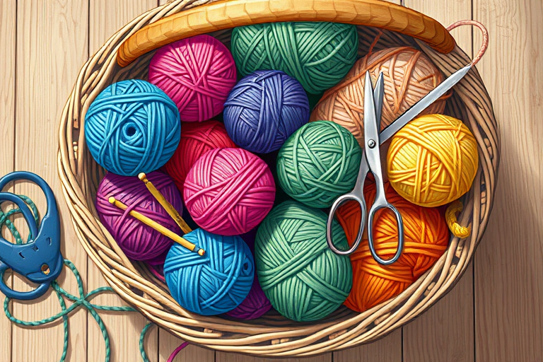 A detailed illustration of a wicker basket overflowing with colorful yarn balls, knitting needles, scissors, and a crochet hook, captured in high resolution with a DSLR camera, f/2.8 aperture, 50mm lens, natural lighting, top-down view, and vibrant colors for enhanced quality.