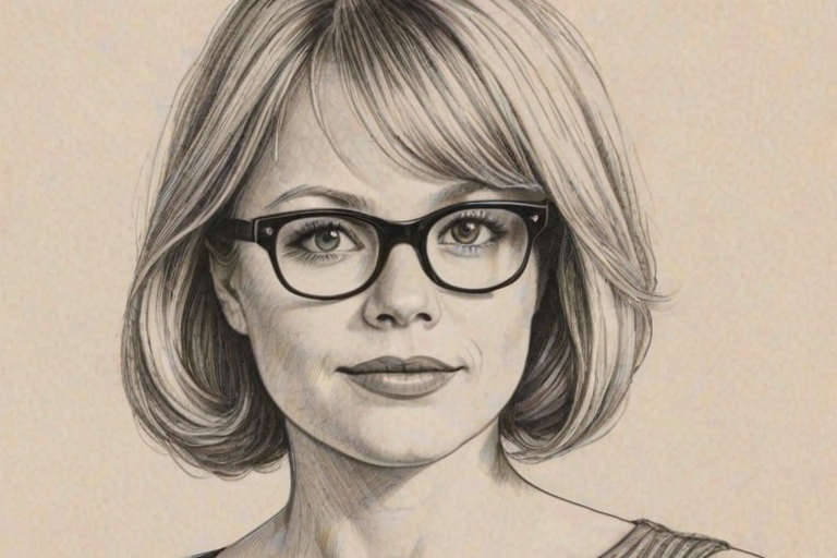 Lovely Lauren Potter, pencil sketch, portrait of Alluring woman 1963s in glasses, hair style beatnik, outline, clear lines, fine lines, 8k