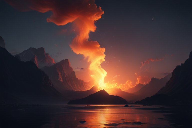 Majestic Sunset Over Volcanic Mountains with Fiery Clouds and Reflections