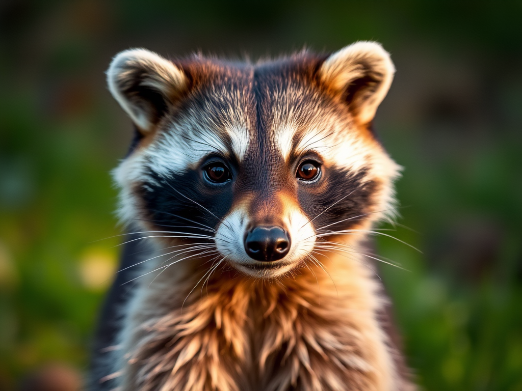 A raccoon with striking features and vivid eyes, captured in soft evening light with a shallow depth of field, using a DSLR camera at f/2.8, ISO 200, 50mm lens, focusing on the raccoon's face with a blurred natural background to enhance detail and texture.