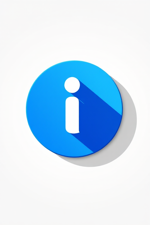 Create an image of a blue circular icon featuring a lowercase 'i' in white, with a long shadow effect, using a DSLR camera with a 50mm lens, aperture at f/2.8, ISO 100, and a shallow depth of field to enhance clarity and color vibrancy.