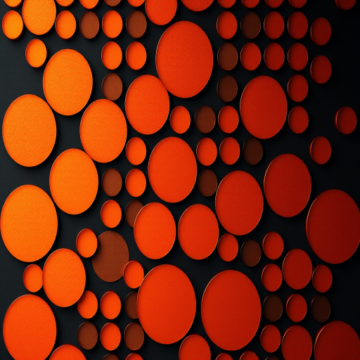 Create a high-resolution image of a grid of circular patterns in varying shades of orange and gold on a dark background, using a mirrorless camera with a 50mm lens, aperture set to f/2.8, ISO 200, and shutter speed of 1/60s, shot from a top-down view with soft diffused lighting for enhanced texture and detail.