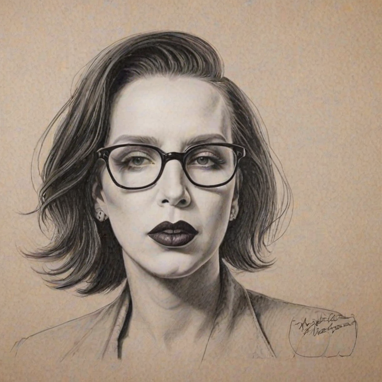 Magnificent Marilyn Manson, pencil sketch, portrait of Dazzling woman 1944s in glasses, hair style beatnik, outline, clear lines, fine lines, 8k