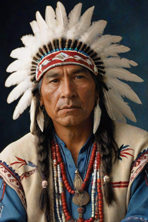 Create a dignified portrait of a Native American man dressed in traditional attire. He wears a beautifully crafted headdress adorned with white feathers and red beads, along with a beaded headband featuring intricate patterns. His clothing includes a deep blue, patterned shirt and a traditional chest piece with detailed beadwork. His arms are crossed, displaying leather armbands decorated with feathers. The background is simple and neutral, emphasizing his proud and stoic expression. The overall image captures the rich cultural heritage and strength of his persona.