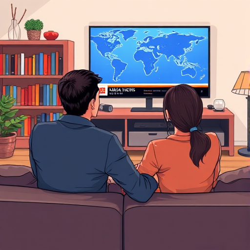 Generate an illustration of a couple sitting on a couch watching the news on a television, with a world map on the screen and bookshelves in the background, using a DSLR camera, aperture f/4, ISO 100, 24mm lens, natural lighting, and a composition focusing on the couple and the TV screen.