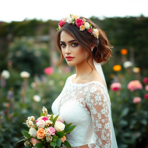Garden scene, bridal model, delicate lace gown, floral headpiece, soft romantic focus, high-key lighting and an 85mm lens for soft, even tones that highlight the model’s face and bright outfit against a white or light background