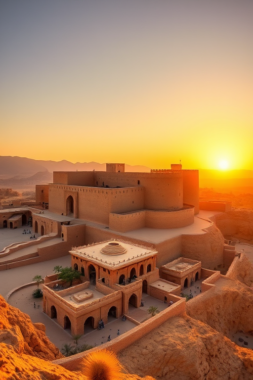 capture a panoramic view of a desert fortress at sunrise with warm golden lighting, use a DSLR camera with a 24mm lens, aperture f/8, ISO 100, shutter speed 1/200s, HDR style for enhanced detail and vibrant colors