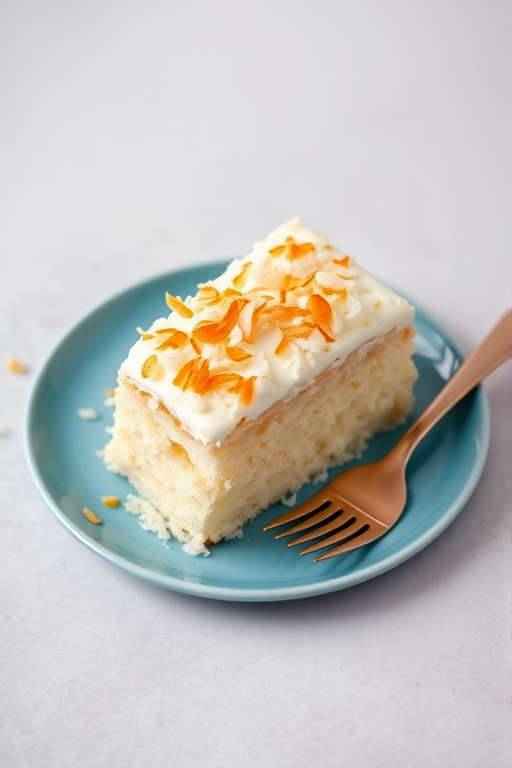 A slice of coconut cake topped with golden toasted coconut flakes served on a blue plate with two forks beside it against a light gray background.