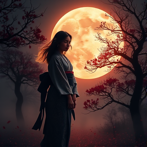 A serene scene of a woman in a traditional kimono standing against a large, glowing full moon, with flowing hair, surrounded by a misty landscape filled with red petals and dark, haunting trees; captured with a Canon EOS R5, 50mm lens, f/1.8 aperture, ISO 100, using a low angle view and a soft focus style for a dreamy effect.