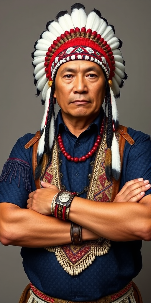 Create a dignified portrait of a Native American man dressed in traditional attire. He wears a beautifully crafted headdress adorned with white feathers and red beads, along with a beaded headband featuring intricate patterns. His clothing includes a deep blue, patterned shirt and a traditional chest piece with detailed beadwork. His arms are crossed, displaying leather armbands decorated with feathers. The background is simple and neutral, emphasizing his proud and stoic expression. The overall image captures the rich cultural heritage and strength of his persona.