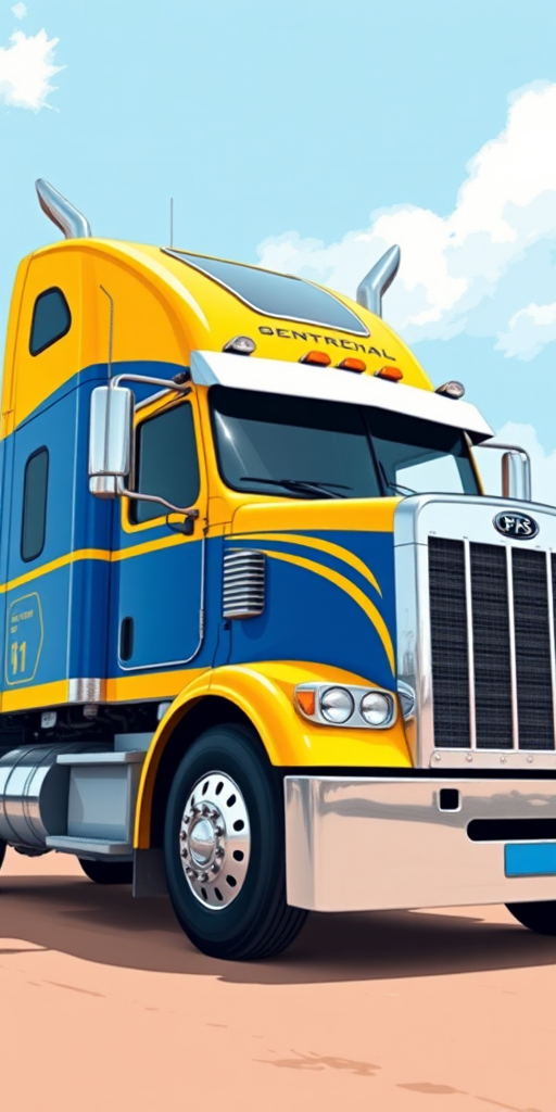 Create a highly detailed illustration of a semi-truck with a vibrant yellow and blue color scheme, shot with a DSLR camera at f/2.8 aperture, 35mm lens, ISO 100, with a wide-angle view, capturing the truck from a slightly low angle to emphasize its size and design.