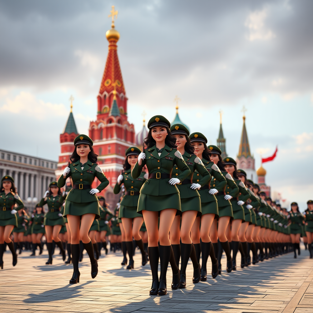Cartoon 3D Military parade in Red Square in Moscow with military women wearing short skirts.