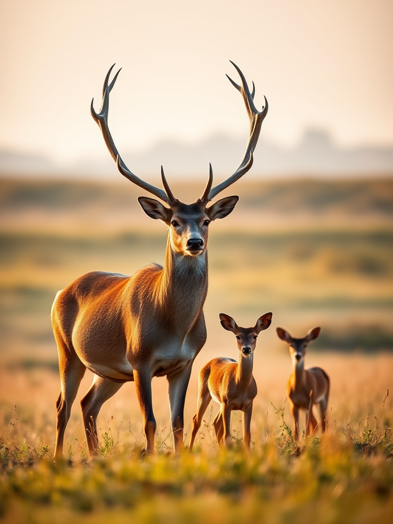 Capture a majestic stag with large antlers standing tall in a serene meadow, accompanied by two doe, early morning light creating a soft glow, use a DSLR camera with a 70-200mm lens, aperture f/2.8, shutter speed 1/1000s, ISO 400, shallow depth of field for a blurred background.