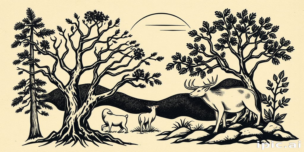 Woodcut tattoo style named "Engraved Nature" mimicking the look of vintage woodblock prints with bold lines, crosshatching, and nature-inspired motifs like trees and animals