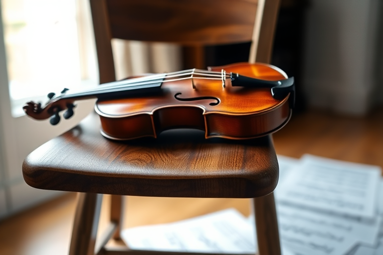 Close-up of a violin resting on a wooden chair in a softly lit room, soft light from a nearby window illuminating the strings, with sheet music scattered on the floor in the background.