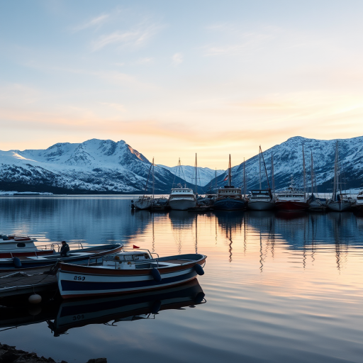 A serene harbor scene with snowy mountains reflecting in the water, captured at sunrise, using a DSLR camera with a 24mm lens, aperture set to f/11, ISO 100, shutter speed 1/125, and a wide-angle view to emphasize the landscape.