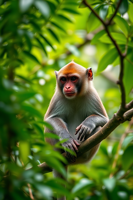 Capture a close-up of a monkey sitting on a branch surrounded by lush green foliage, use a DSLR camera with a 70mm lens, aperture f/2.8 for a shallow depth of field, ISO 200, and a shutter speed of 1/200 sec to emphasize details and clarity in the vibrant environment.