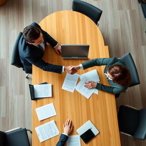 Create an overhead view of two people shaking hands at a conference table with documents and a laptop on it, using a Canon EOS R5 with a 24mm f/1.4 lens, aperture set to f/2.8, ISO 100, and a shutter speed of 1/125 sec, with a digitally enhanced style for clarity and vibrant colors.