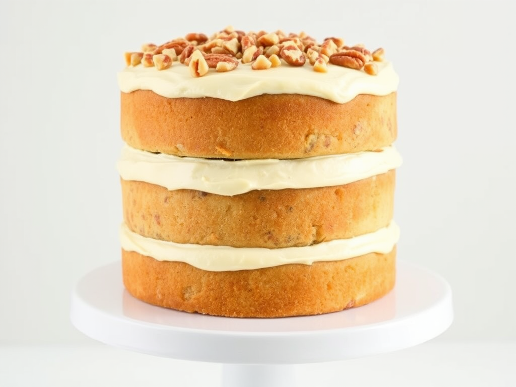Three-layer cake with cream cheese frosting topped with chopped nuts on a white cake stand against a light background.