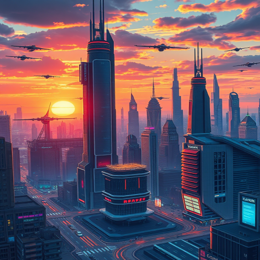 Create a detailed and vibrant illustration of a futuristic city skyline at sunset, showcasing towering skyscrapers, flying vehicles, and neon lights, captured with a Canon EOS R5, 24mm lens, f/2.8, ISO 100, and a wide-angle view for maximum depth.